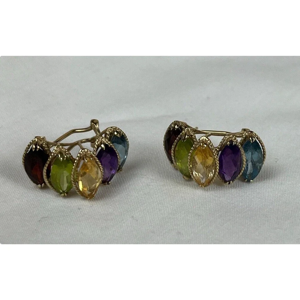 PTJ 14k YELLOW‎ GOLD GARNET, PERIDOT, BLUE TOPAZ, AMETHYST & TOPAZ HOOP EARRINGS
